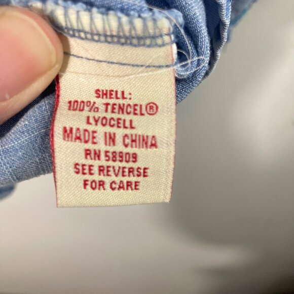 Womens Reba V Neck Chambray Embroidered Shirt XL 3/4 Sleeve Blue Orange White - Picture 8 of 10